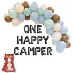 one happy camper balloon arch with an animal balloon in the shape of a bear