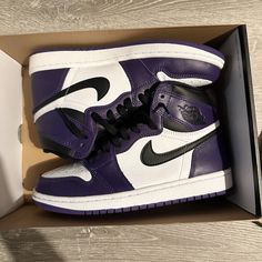 Jordan 1 Retro High Court Purple. Worn Once, Still Brand New. Size 7 In Men’s = 8.5 In Women’s. Comes With Purple Laces Modern Purple Leather Sneakers, Modern Purple High-top Sneakers, Colorful Jordans, Jordans Purple, Purple Jordans, High Top Nike Shoes, Jordan 1 Court Purple, High Top Nike, Shoes Jordan 1