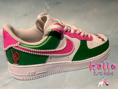 Custom AKA inspired Af1 shoes. This listing is for customized made to order AKA inspired Air Force ones. Please add anything extra you would like to be added to your shoes (name, numbers...) to the personalization portion below. I will message you with a few design options, once we agree on a design I will start customizing. Custom Green High-top Sneakers, Custom Green Sneakers For Streetwear, Customizable Green Sneakers For Streetwear, Aka Shoes, Pink Nike Shoes, Af1 Shoes, Shoes For School, Shoes Names, Trendy Shoes Sneakers