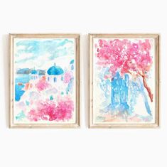 two watercolor paintings are hanging on the wall next to each other, one is pink and blue