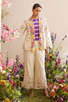 Shop for Chandrima Ivory Collar Embroidered Jacket for Women Online at Aza Fashions Applique Jacket, Ivory Fabric, Applique Shirts, International Style, Indian Designer Outfits, Embroidery Fashion, Embroidered Jacket, Round Neck Tops, Western Dresses