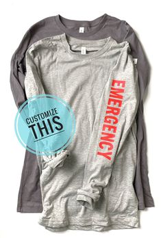 "Hello! Thanks for checking out our long sleeve emergency shirts. Currently, we are not offering the option to customize your shirt directly on this listing. There have been daily occurrences of orders being placed incorrectly, and it has become too time consuming and confusing to determine what the customer wants to order. That being said, if you have a clear idea of what you want to order, please feel free to message us. We would be happy to work with you. We just need to streamline this order Fitted Long Sleeve T-shirt With Text Print, Comfortable Long Sleeve T-shirt With Text Print, Custom Print Long Sleeve Cotton Shirt, Long Sleeve Cotton Shirt With Custom Print, Red Long Sleeve Tops With Custom Print, Cotton Long Sleeve Shirt With Custom Print, Custom Print Long Sleeve T-shirt With Relaxed Fit, Gray Long Sleeve Pre-shrunk T-shirt, Long Sleeve T-shirt With Custom Print Relaxed Fit