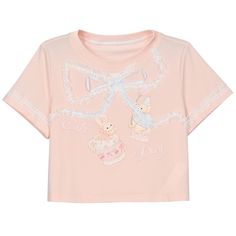 Add a touch of adorable charm to your wardrobe with our lace bowknot design pink bunny and teddy print sweet cropped T-shirt. This delightful piece features a cute bunny and teddy print on a soft pink fabric, accented with a delicate lace bowknot design for a touch of elegance. The cropped length adds a trendy and playful vibe to your outfit, making it perfect for pairing with high-waisted skirts or shorts. Made with high-quality materials, this T-shirt is a must-have for anyone who loves kawaii Cute Cotton Tops With Bunny Design, Cute Cotton Top With Bunny Design, Cute Pink Cropped T-shirt, Cute Cropped Pink T-shirt, Pink Crew Neck Top With Bunny Design, Cute Pink Crew Neck Crop Top, Cute Crew Neck Top With Bunny Design, Cute Pink Crop Top T-shirt, Cute Pink Bunny Print Tops