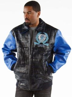 Blue Urban Varsity Jacket For Fall, Urban Style Blue Varsity Jacket For Fall, Blue Outerwear With Padded Collar For Streetwear, Blue Leather Streetwear Outerwear, Blue Leather Outerwear For Streetwear, Blue Leather Outerwear For Fall, Winter Blue Leather Jacket With Pockets, Blue Biker Jacket For Winter Streetwear, Blue Leather Jacket For Streetwear