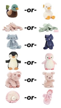 an image of stuffed animals that are in the same language as words on a white background