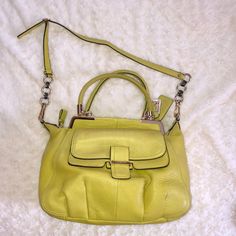 Yellow Green / Apple Green Color Gold Hardware Removable Shoulder Strap Excellent Used Condition Magnet Closure On Front Pocket Dust Cover Included Height - 11 Inches Width Across Top - 6.5 Inches Length Across Bottom - 14.5 Inches Apple Green Color, Cambridge Satchel Company, Apple Green, Coach Leather, Dust Cover, Green Apple, Leather Purse, 11 Inches, Leather Purses