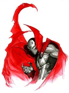 a drawing of a man in red cape with his hands on his chest and arms outstretched