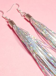 Holographic Tinsel Earrings - Pop Pastel Cheap Fun Festival Earrings, Tinsel Earrings, Earring Photography, Model Earrings, Iridescent Earrings, Funky Clothes, Ear Accessories, Witch Earrings, Goth Earrings