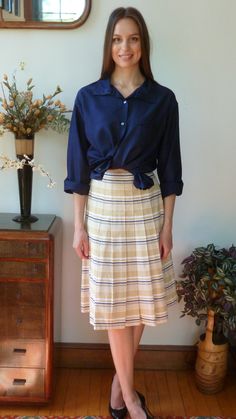 "Cheerful eye-catching geometric pattern of zig-zags and horizontal stripes of navy blue, white and warm sand. Vintage 1950s. Resort wear. Made in France.  The fabric is a crisp densely woven cotton. Wrinkle resistant. The front skirt is perma-pleated. Pleats are nicely topstitched for 5\" below the waistband. The back of the skirt has one inverted center pleat and is A-line. There is a metal back zipper and the 1\" waistband fastens with two sturdy hook and eyes. Exceptional workmanship. Labell Red Pleated Skirt, 1950s Skirt, Women Appreciation, Balloon Dress, Navy Blue Blouse, Silk Cocktail Dress, Printed Pleated Skirt, Navy Skirt, Work Skirts