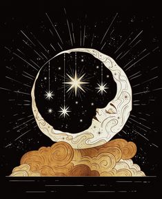 a drawing of the moon with stars above it and clouds in the foreground, on a black background