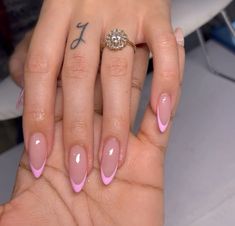 Pink Almond Nails Design Valentines, Pink Tip French Manicure Almond, Almond Nude Pink Nails, Pink On Pink French Nails Almond, Pink French Nails Design, Light Pink French Tip Almond, Pastel Pink French Nails, French Nails Pink Base, Light Pink Tip Nails