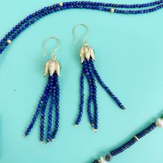 This earrings feature vibrant blue Lapis beads with a luxurious tassel style that adds movement and sophistication to any outfit. These earrings are lightweight and easy to wear, perfect for any occasion. Make a statement with these unique and cool earrings that will add a touch of bohemian style to your look. Lapis Lazuli, the birthstone for September, is associated with functions such as enhancing intuition, promoting communication, aiding in emotional healing, supporting spiritual growth, and Blue Long Drop Tassel Jewelry, Elegant Blue Fringe Jewelry, Elegant Blue Tassel Earrings With Beaded Fringe, Elegant Blue Fringe Earrings, Elegant Blue Tassel Earrings, Elegant Blue Beaded Fringe Earrings, Elegant Blue Tassel Earrings As Gift, Elegant Blue Tassel Earrings For Gift, Cool Earrings