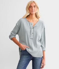 BKE Raw Edge Henley - Blue X-Small, Women's Graymist Ribbed knit henley Exposed seam details Bust measures 42 on size small Body length 24 on size small. 95% Cotton 5% Spandex. Machine wash cold. Do not bleach. Line dry. Iron low. Do not dry clean. Wash and dry with like colors.  . Measurements: Bust -Fullest part of bust with arms at sides. Waist -Circumference of natural waist: above belly button below rib cage. Hips -Standing with feet together fullest part of hips. WOMEN'S TOP SIZE CONVERSIO Casual Spring Henley For Everyday Wear, Casual Relaxed Fit Henley For Spring, Spring Casual Henley With Button Closure, Casual Henley With Buttons For Loungewear, Women's Henley, Waist Circumference, Women Shirts Blouse, Rib Cage, Shirts Blouses