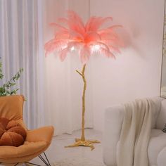 a living room with a chair and a lamp in the shape of a palm tree