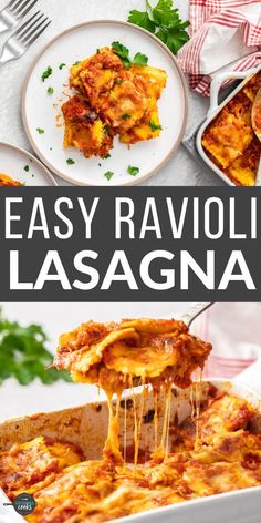 an easy ravioli lasagna recipe is shown in this collage with text overlay