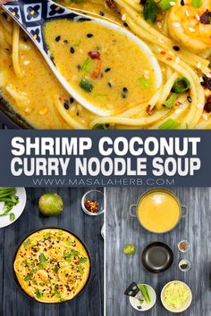 shrimp coconut curry noodle soup in a bowl with spoons and bowls of sauce