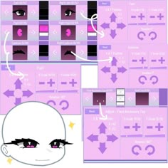 the design process for an anime character's face and eyes, with arrows pointing in different directions