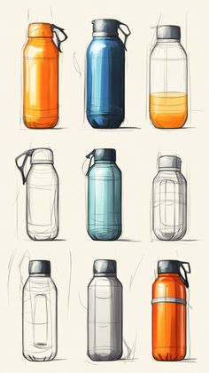 a bunch of jars that are sitting in the middle of a drawing board with different shapes and sizes