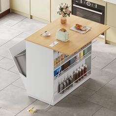 a kitchen island with an open storage compartment