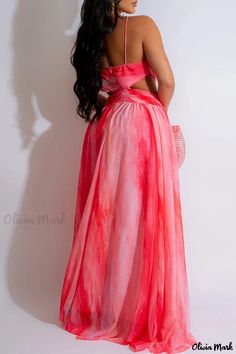 Olivia Mark - Elegant Maxi Dress with Gradient Colors and Spaghetti Straps Pink Spaghetti Strap Maxi Dress For Summer Parties, Flowy Formal Dress, Dramatic Skirt, Elegant Maxi Dress, Body Con Skirt, Mesh Panel, Tropical Print, Gradient Color, Olivia Mark