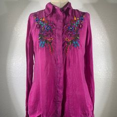 Button Up Bust 18” Length 25” Japanese Rayon Features Shaping Darts Garden Motif Casual Purple Blouse With Floral Embroidery, Purple Long Sleeve Blouse With Buttons, Pink Embroidered Button-up Blouse, Bohemian Purple Blouse With Floral Embroidery, Pink Button-up Tops With Floral Embroidery, Casual Embroidered Purple Blouse, Casual Purple Embroidered Blouse, Embroidered Bohemian Purple Blouse, Bohemian Embroidered Purple Blouse