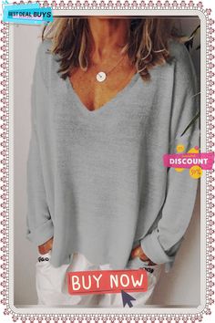 Woman Casual V Neck Cotton-blend Long Sleeve Tunic T-shirt Casual V-neck Plain Top, Plain V-neck Top For Fall, Casual Gray V-neck Top, Gray Relaxed Fit V-neck Top, Gray Top For Fall, Trendy Gray V-neck Tops, Oversized Solid Color V-neck Top, Gray V-neck T-shirt For Fall, Oversized Solid V-neck Top