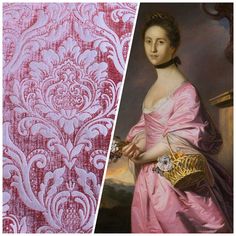 a painting of a woman in a pink dress next to an image of a lady in a pink dress