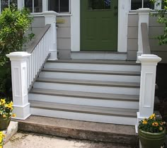 a front porch with steps leading up to the door and flowers in pots on the side