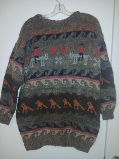 Hi there, thank you for looking at my grandmother's handknitted sweater (one of many-check out my other listings). This one is a rustic brown toned pullover sweater made from pure raw wool. It features peopleon horses and waves-folk/native art. Once my granny was home ridden she knitted things and did made to order pieces so they are one of a kind and authentic. Oh and they come from Poland and range from coming from 1970's to 2000s. Though likely earlier then later. Cheers. Size XLarge or overs Art Sweater, Sweater Making, Pullover Sweater Women, Women Pullover, Sweater Sizes, Pullover Sweaters, Sweater Outfits, Fall Winter, Bathing Beauties