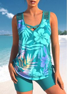 Color:Turquoise;Size:S;Size:M;Bra Style:Padded;Support:Wire Free;Pad Style:Removable;Strap Style:Unadjustable;Package Contents:1 X Top , 1 X Shorts;Occasion:Sport; Blue Tankini, Plants Print, Flattering Swimsuits, Swimsuit With Shorts, Trendy Swimsuits, Printed Tankini, Bra Style, Color Turquoise, Tankini Set