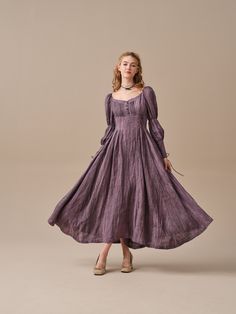 "This dress from linennaive draws inspiration from Regency-era art and design. Equal parts elegantly feminine and cool, this linen dress will surely make a sophisticated addition to your wardrobe. Crafted from soft linen, the piece is enhanced with a smocked bodice and button closure for added texture. It is a combination of elegance and romance. It's cut to an empire line silhouette framed by puff sleeves and a delicate sweetheart neck. the elasticated lacing-up sleeves with pleated detail exude vintage elegance. Winning combination. Such a romantic, feminine feel. impress yourself with this outfit and you are sure to stand out. 【Fabric】 Main; 100% Linen, around 200g/gram. Medium weight. The colors in Teal green, DarkOrchid and Wheat color is made of tie-dyed linen. Other colors are made Vintage Linen Dress With Square Neck, Fitted Linen Regency Dress, Fitted Linen Regency Style Dress, Regency Style Fitted Linen Dress, Maxi Linen Dress, Dress Medieval, Silhouette Frames, Regency Dress, Buy Linen