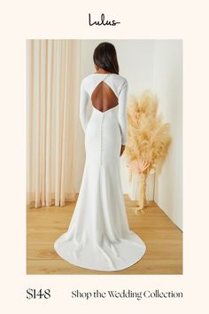 Make your special day even more so by making sure you walk down the aisle in the Lulus Eloquent Endearment White Long Sleeve Backless Maxi Dress! Stretchy crepe knit shapes this gorgeous dress that starts with a princess-seamed bodice, a crew neckline, and elegant long sleeves. The fitted waist tops an ultra-flattering, mermaid maxi skirt that boasts a romantic train at the back. A diagonal row of functional buttons secure above the flirty backless design, while a hidden zipper/clasp sits beneat Wedding Gown With Lace Back For Prom Season, Lace Back Gown For Wedding And Prom Season, Fitted Backless Evening Dress For Wedding, Fitted Evening Dress With Lace Back For Wedding, Backless Evening Dress With Back Opening For Wedding, Fitted Floor-length Evening Dress For Bride, Fitted Wedding Dress With Sweep Train For Wedding Night, Floor-length Wedding Dress With Keyhole Back, Elegant Evening Dress With Sweep Train For Bride