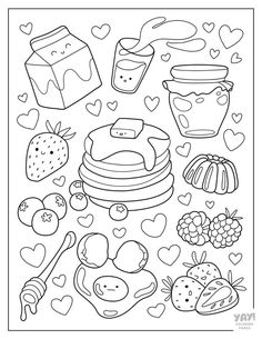 a coloring page with lots of food and hearts on the pages, including pancakes, strawberries