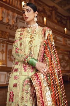 Pakistani Designer Wedding Party Suit Online in classy design embellished with elegant design embroidery and looking so classy. You can wear it on party and wedding events. Shirt: Chiffon Shirt is presented in green color with hand work embroidered work of threads. Gheerah is embellished with embroidered chiffon patch. Sleeves and front, back of shirt is designed with beautiful organza handwork embroidered patch. Shirt is embellished with multi thread embroidery. Gharara: Designer Chiffon dress Pakistani Bridal Dress, Pakistani Formal Dresses, Pakistani Salwar Kameez, Chiffon Collection, Embroidered Chiffon, Indian Lehenga, Luxury Wear, Party Suits, Indian Culture