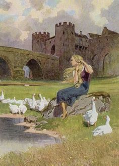 a painting of a woman sitting on a rock next to ducks and geese near a castle