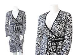 "Stunning 1980's Diane Von Furstenberg wrap dress in a versatile design that can easily be dressed up or down. Fit & Features: ✧ Gorgeous black and white print ✧ Deep V neckline ✧ Fitted across the bust ✧ Nipped waist ✧ Wrap around belt can be tied in front or back ✧ Well made and ready to wear Fabric: Acrylic Label: Diane Von Furstenberg Carefully Examined Condition: Mint. Likely never worn. ✂  M E A S U R E M E N T S  ✂ Bust: 40\" to 42\" Waist: 34\" Hips: 44\" Total length: 46\" ✧ Easily find Diane Von Furstenberg Wrap Dress 2022, Diane Von Furstenberg Wrap Dress, 80s Dress, Black And White Print, Designer Dress, Dress Clothes For Women, Von Furstenberg, Diane Von, Diane Von Furstenberg