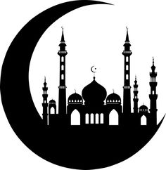 a black and white silhouette of a mosque on a crescent with the moon in the background