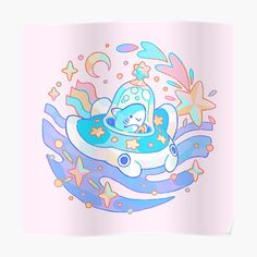 an image of a cartoon car floating in the water with stars and moon around it