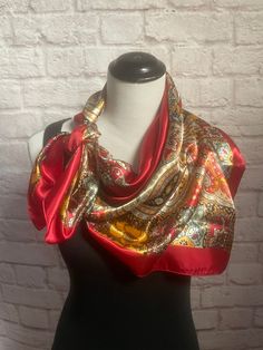 "Vintage Large Square Red Scarf, Colorful  Scarf, Head Scarf Hair Wrap, Fall Silk Scarf, Best Gift for Her, Gift for Friend, Gift for wife Vintage Scarf Large square scarf Colorful Scarf with red gold, yellow, green, black and blue Scarf is shiny on one side, dull on the other Material is Polyester  Machine hemmed Measures 35\" x 35\" Very good condition, no stains or holes, hem intact Has been cleaned and is ready to wear For more vintage items visit www.secondactshop.etsy.com Follow me on Inst Handmade Red Silk Scarf For Gift, Elegant Red One-size Scarves, Vintage Red Silk Scarf For Gift, Handmade Red Scarf As A Gift, Handmade Red Scarves As Gift, Handmade Red Scarf For Gift, Traditional Red Scarves For Gifts, Traditional Red Scarves As Gift, Red Bohemian Scarf As Gift