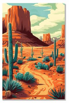 a desert scene with cactus trees and mountains in the background, including a dirt road