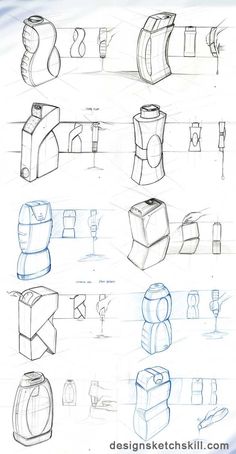 some sketches of different shapes and sizes of objects in the shape of boxes, vases,