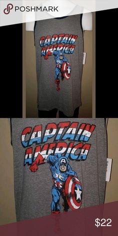 CAPTAIN AMERICA 75TH ANNIV COMIC GRAPHIC TEE SHIRT CAPTAIN AMERICA 🔵 75TH ANNIVERSARY 🔴 GREY ⚪ MOVIE / COMIC 🔵 SMALL 🔴 MENS 💪 TANK TOP 🔵 SHIRT. NEW WITH TAGS.  Materials are 38% Cotton, 50% Polyester & 12% Rayon.  Measures:(laying flat):  Size SMALL: Armpit to armpit: 20" & stretched to 26+" Top to bottom: 30"  Size LARGE: Armpit to armpit: 22" & stretched to 29+"  Top to bottom: 32" Marvel Shirts Tank Tops Pop Culture Tops With Logo Print, Cotton Graphic Print Tops For Fan Conventions, Superhero Screen Print Tops For Fan Conventions, Superhero Cotton Tops With Letter Print, Vintage Tops With Character Print For Fan Conventions, Vintage Character Print Tops For Fan Conventions, Fun Graphic Print Tops For Fan Conventions, Superhero Character Print Tops For Fan Conventions, Pop Culture Tops With Logo Print For Fan Conventions