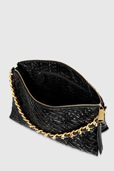 Crafted in sumptuous leather detailed with a chain quilted design and our signature curb chain, the Chain Quilt Shoulder bag will elevate every ensemble you pair it with. Thanks to its detachable strap, it's so versatile—throw it over your shoulder or wear it as a clutch. | Rebecca Minkoff Chain Quilt Shoulder Bag In Black/Antique Brass Luxury Shoulder Bag With Chain Strap, Luxury Chain Strap Pouch Shoulder Bag, Luxury Chain Link Shoulder Bag For Formal Occasions, Luxury Quilted Clutch For Formal Occasions, Luxury Quilted Clutch For Formal Events, Luxury Chain Pouch Bag, Chic Quilted Evening Clutch, Elegant Quilted Clutch For Evening, Elegant Quilted Evening Clutch