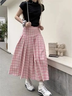 Mqtime Pink Plaid Pleated Skirts Women Summer Sweet A-line Fashin Skirts Female High Waist Zipper Loose Long Skirts New Streetwear Casual Pink A-line Bottoms, High Waist Pink Pleated Maxi Skirt, Spring High Waist Pink Pleated Skirt, High Waist Retro Pleated Skirt For Spring, Retro High-waist Pleated Skirt For Spring, Retro High Waist Pleated Skirt For Spring, Pink A-line Casual Bottoms, Spring Trendy A-line Pleated Skirt, Pink Pleated A-line Maxi Skirt