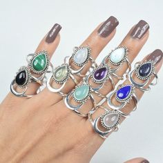 925 Sterling Silver Natural Malachite /Rutile /Tiger Eye /Carnelian /Rose Quartz /Amethyst /Emerald /Onyx Pear Shape Designer Moon Ring - Lapis Lazuli - Rainbow Moonstone - Tiger Eye - Blue Sunstone - Blue Turquoise - Larimar - Prehnite - Milky Opalite - Labradorite - Purple Amethyst - Green Onyx - Malachite - Garnet - Carnelian - Black Onyx - Aqua Chalcedony - Rose Quartz - Black Rutile - Blue Chalcedony - Aquamarine Weight of the Product :~ 6.6 Gram The Ring is stamped 925. We guarantee the qu Healing Moonstone Jewelry, Spiritual Silver Jewelry With Gemstone, Spiritual Silver Jewelry With Natural Stones, Bohemian Silver Gemstone Jewelry, Bohemian Sterling Silver Birthstone Jewelry, Mystical Multicolor Jewelry For Gift, Mystical Silver Crystal Ring With Gemstone, Silver Crystal Ring With Gemstone, Bohemian Silver Crystal Ring With Natural Stones