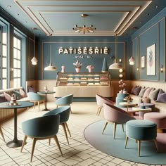 the interior of a restaurant with pastel colors