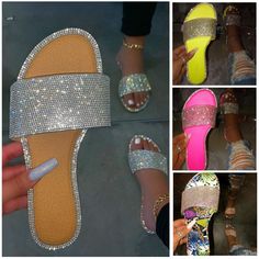 Sparkly Rhinestone Slides Flat Sandals for Women Transparent Heels Sandals, Shoes Closet, Clear Slides, How To Tie Shoes, Rhinestone Slides, Women Slippers Fashion, Rhinestone Flats, Home Slippers, Rhinestone Sandals