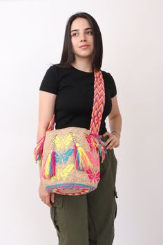 Limited Edition Butterfly Premium Wayuu Bag | Handwoven Crossbody Purse. - Technique : Weaving Bag Quality : 2 Thread Measurements : 25x29cm (Large) Strap Length : 110cm (crossbody & shoulder)  - This bag helps to support the women of Wayuu tribe in Colombia. Best of Colombia has made a deep commitment to the Wayuu women as a fair trade brand. Your purchase will help to support these women's skills and livelihood while keeping their beautiful artistry alive.  Your bag is hand woven and one-of-a- Travel Bucket Bag With Weaving, Weaved Bucket Bag, Rectangular Weaving Bucket Bag, Multicolor Woven Bags For Shopping, Multicolor Woven Shopping Bags, Multicolor Weaving Bags For Shopping, Multicolor Weaving Shopping Bag, Multicolor Woven Crossbody Bucket Bag, Beige Woven Bag