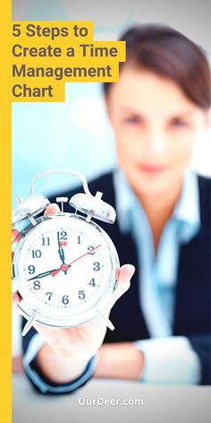 a woman holding an alarm clock with the words 5 steps to create a time management chart