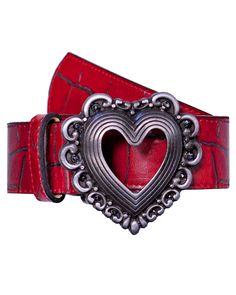 This heart-shaped buckle is made more rock n roll by dark crystals, and a red leather strap. 1.5"W 2.5" buckle width Genuine Leather Finest European Crystals Made in the USA Heart Clothes Aesthetic, Red Heart Clothes, Red Belt Outfit, Red Descendants, Goth Belt, Heart Outfit, Y2k Accessories, Heart Clothes, Red Accessories